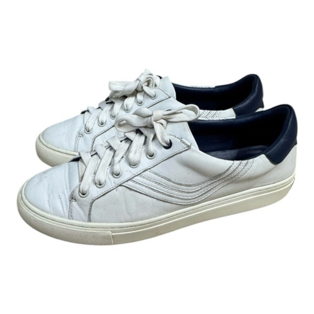 TORY SPORT BY TORY BURCH CHEVRON SNEAKERS WHITE LEATHER NAVY TRIM SIZE 9.5